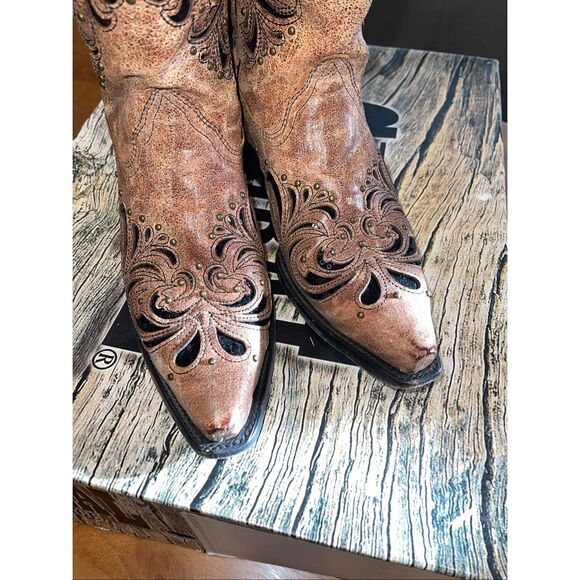 Corral Tan Western Boot Snip Toe Women's Size 8M Inlay Pattern - Picture 2 of 9